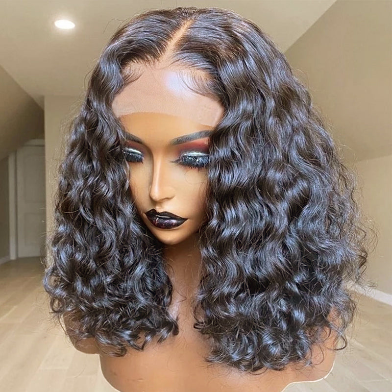 Short Bob Curly 13x4 Transparent Lace Front water wave Wig Natural black