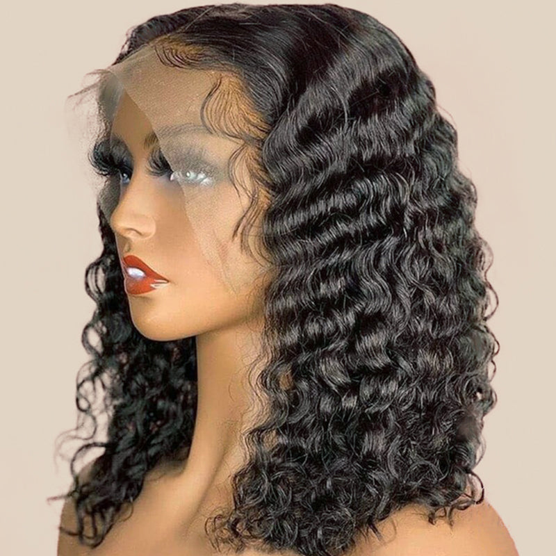 Short Bob Curly 13x4 Transparent Lace Front water wave Wig Natural black