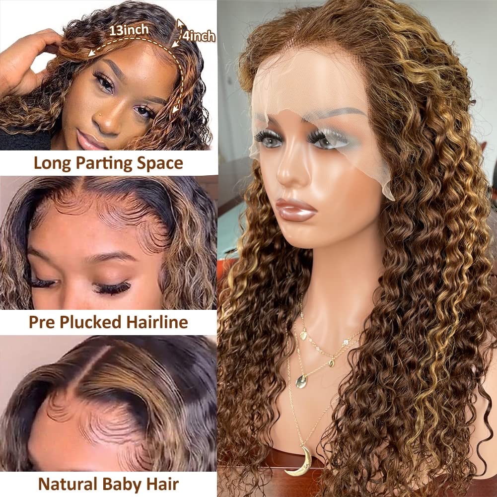 13x4 Lace Front YTBer Same Style Honey Blonde Deep wave Curly Wig F4/27 Ombre Highlight