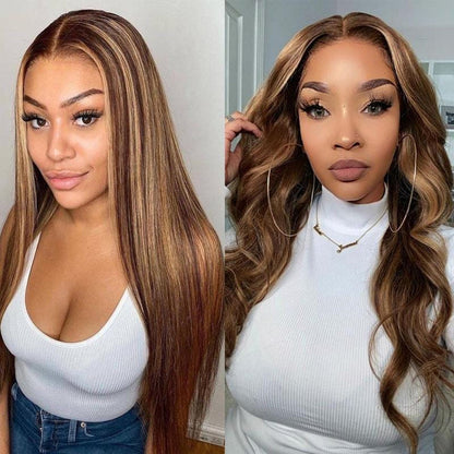 13x4 Lace Front Silky Straight Lace Honey Blonde Highlight Human Hair Wig