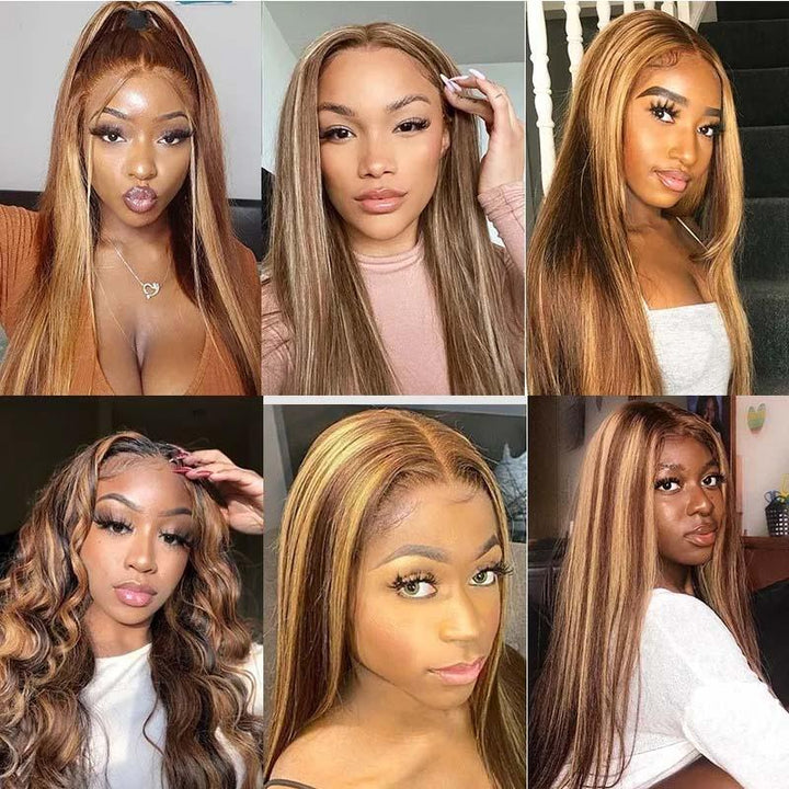 13x4 Lace Front Silky Straight Lace Honey Blonde Highlight Human Hair Wig