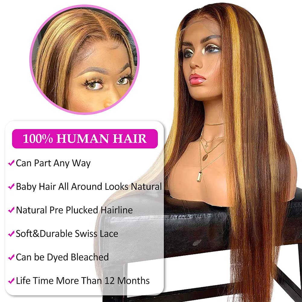 13x4 Lace Front Silky Straight Lace Honey Blonde Highlight Human Hair Wig