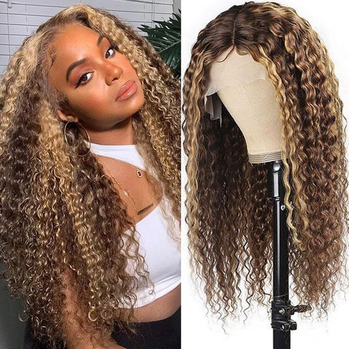 13x4 Lace Front YTBer Same Style Honey Blonde Deep wave Curly Wig F4/27 Ombre Highlight