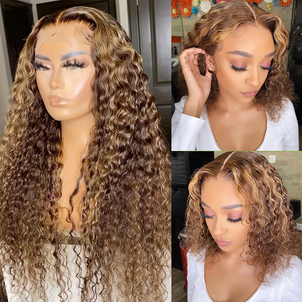 13x4 Lace Front YTBer Same Style Honey Blonde Deep wave Curly Wig F4/27 Ombre Highlight