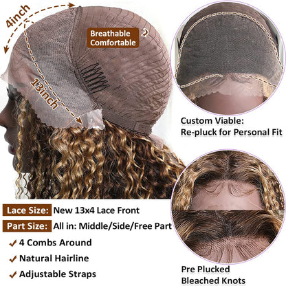 13x4 Ombre Highlight HD Lace Front YTBer Mismo estilo Honey Blonde Peluca rizada