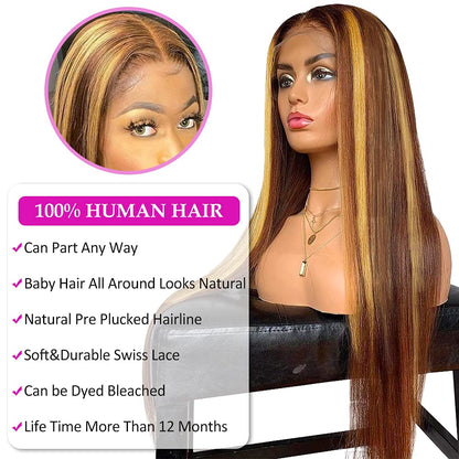 13x4 Lace Front Silky Straight Lace Honey Blonde Highlight Human Hair Wig